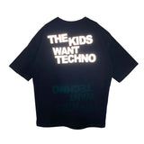 the kids want techno yazılı reflektör baskılı siyah tişört festival parti giyimi techno müzik sevenler için