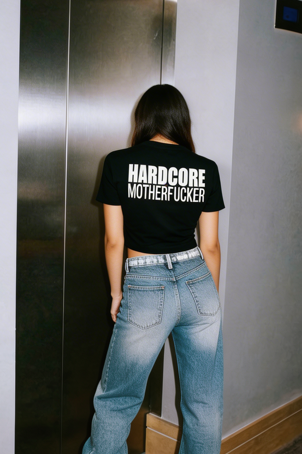 Siyah Crop Tişört 'HARDCORE MOTHERFUCKER' - Reflective Black Crop T-shirt