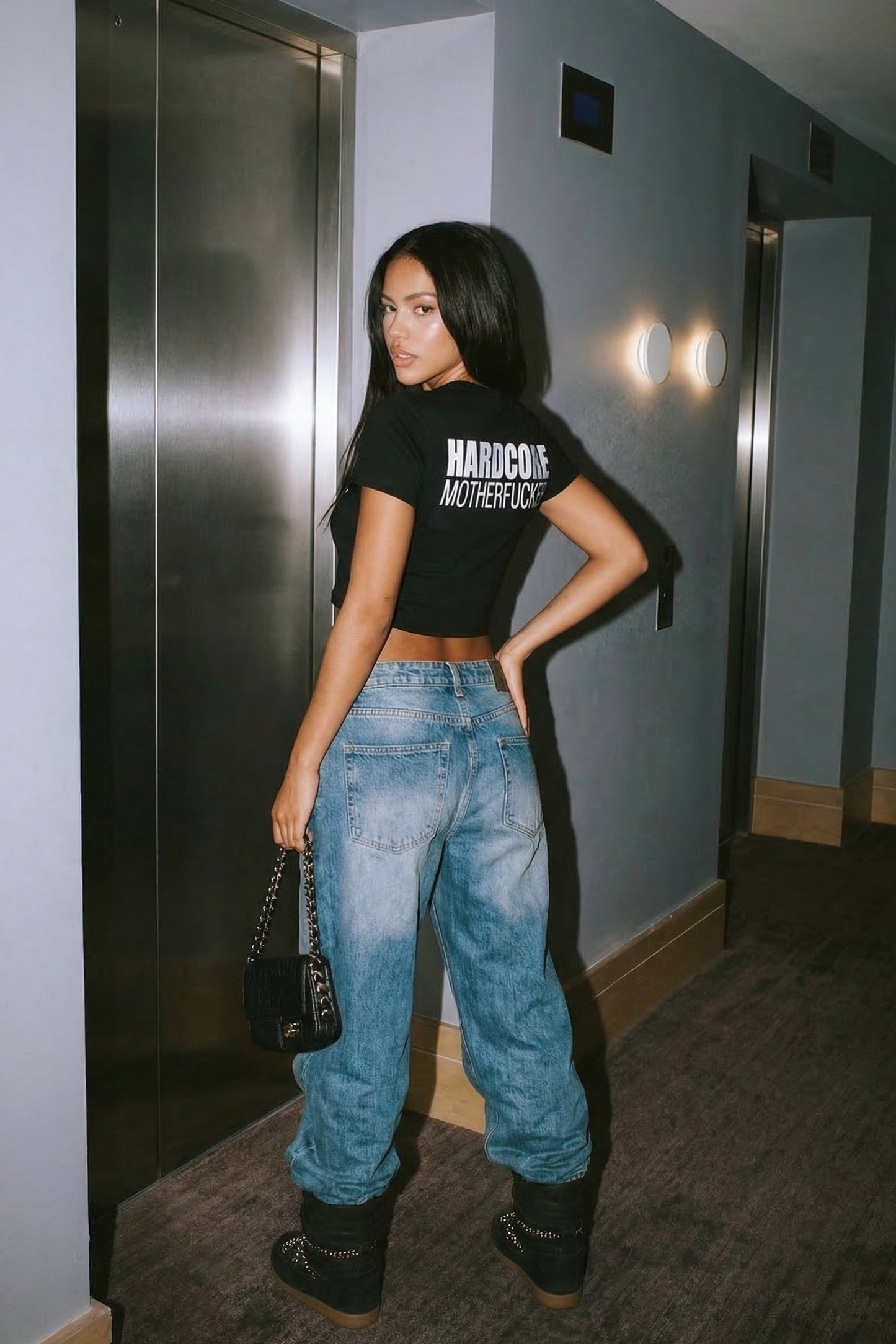 Siyah Crop Tişört 'HARDCORE MOTHERFUCKER' - Reflective Black Crop T-shirt