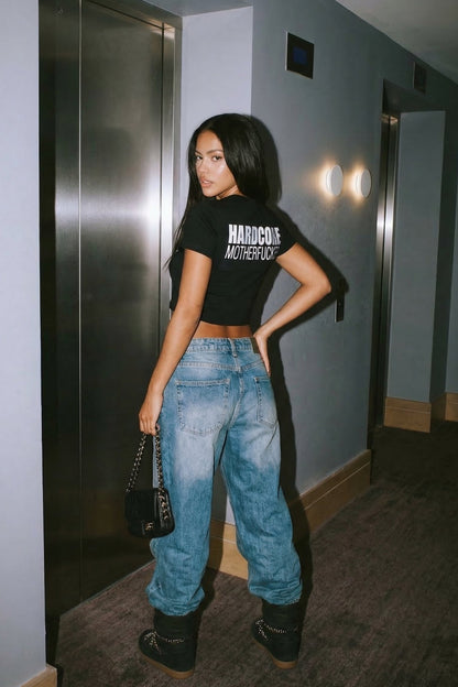 Siyah Crop Tişört 'HARDCORE MOTHERFUCKER' - Reflective Black Crop T-shirt
