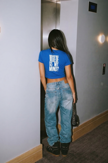 Reflektör Baskılı Mavi Crop Tişört - Where is My Mind? | Blue Crop T-shirt