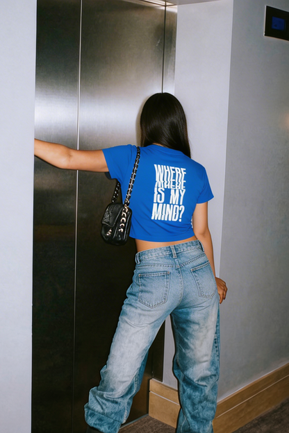 Reflektör Baskılı Mavi Crop Tişört - Where is My Mind? | Blue Crop T-shirt