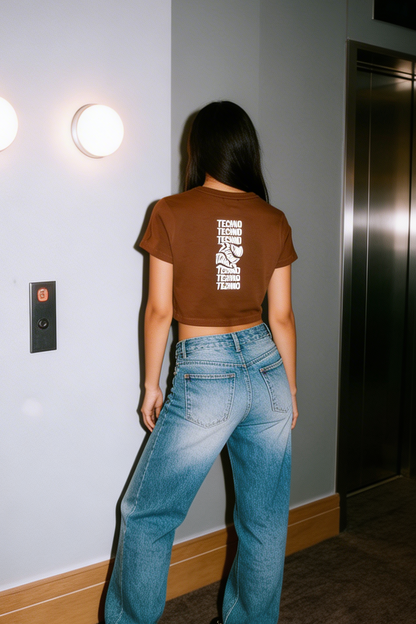 Reflektör Baskılı Kahve Crop Tişört - Techno Revolution | Brown Crop T-shirt