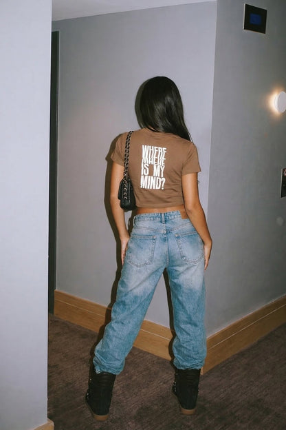 Reflektör Baskılı Kahve Crop Tişört - Where is My Mind? | Brown Crop T-shirt