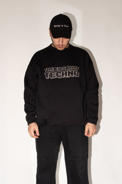 Unisex Siyah Oversize Sweatshirt 'THE KIDS WANT TECHNO' Limited