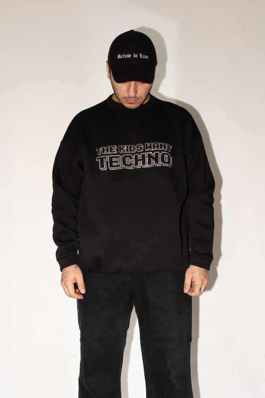 Unisex Siyah Oversize Sweatshirt 'THE KIDS WANT TECHNO' Limited