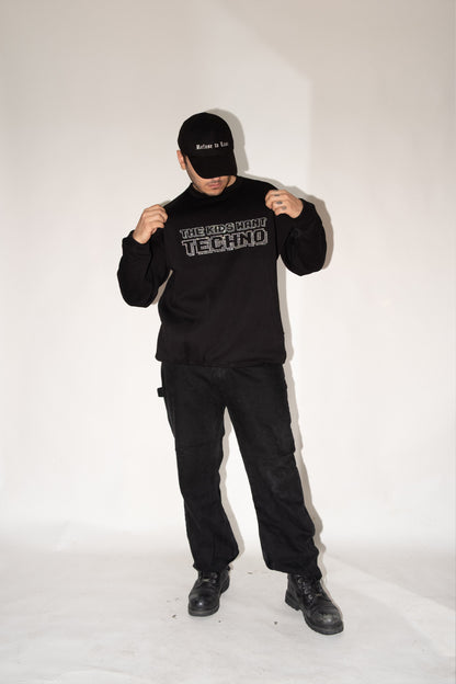 Unisex Siyah Oversize Sweatshirt 'THE KIDS WANT TECHNO' Limited