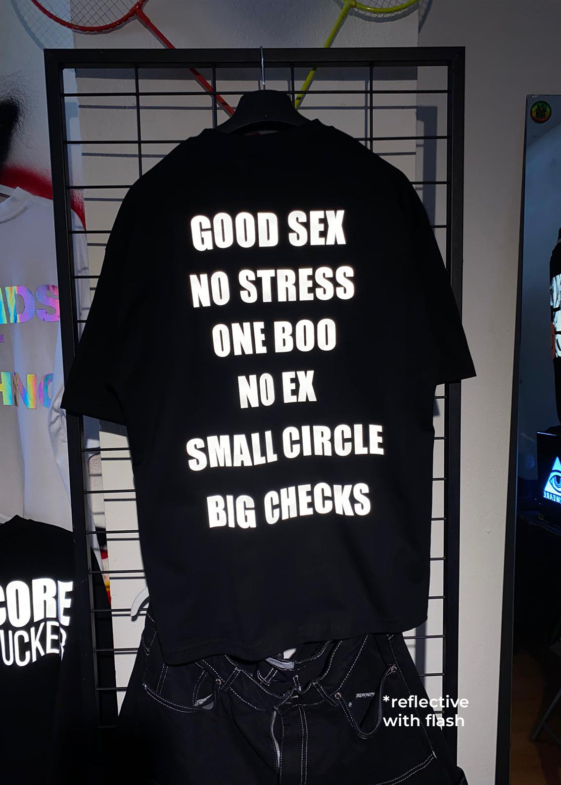 OVERSIZE BLACK T-SHIRT 'GOOD SEX NO STRESS' REFLECTIVE.