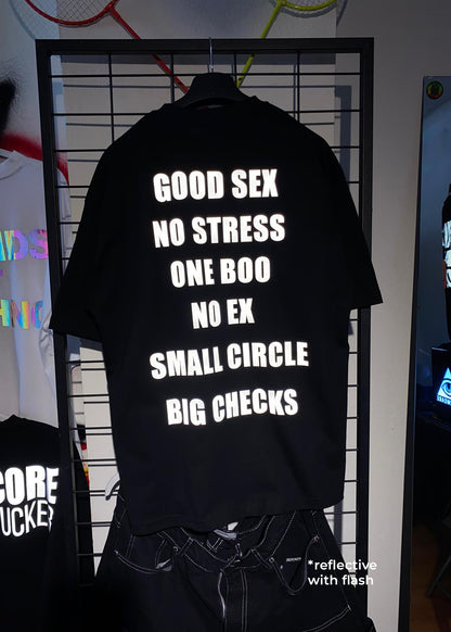 OVERSIZE BLACK T-SHIRT 'GOOD SEX NO STRESS' REFLECTIVE.