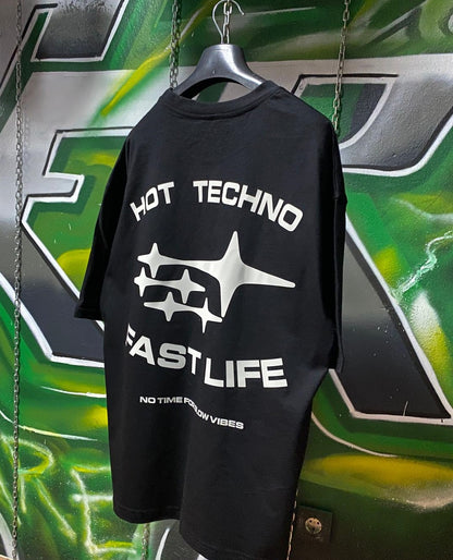 Oversize Black T-shirt 'Hot Techno fast Life' Oversize Siyah Tişört