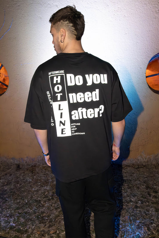 OVERSIZE BLACK T-SHIRT 'HOTLINE DO YOU NEED AFTER?' REFLECTIVE.