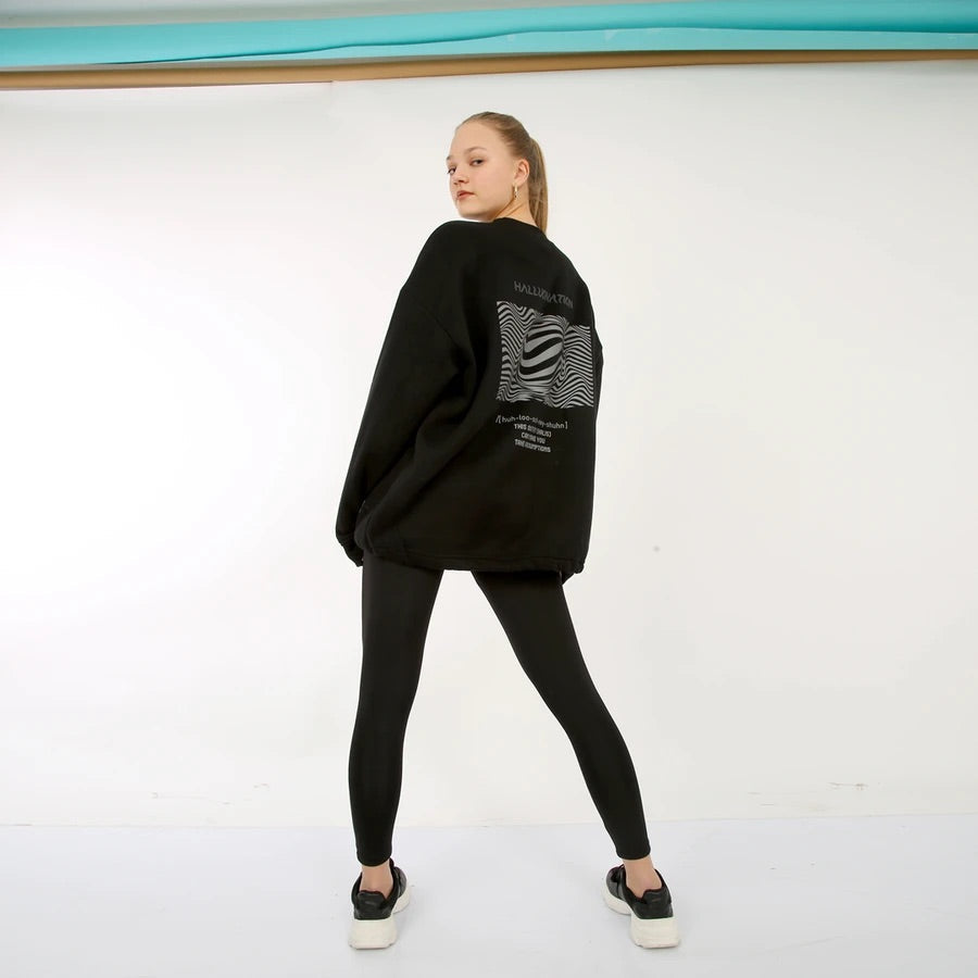 Unisex Siyah Oversized Sweatshirt – 'HALLUCINATION' reflective flash sale