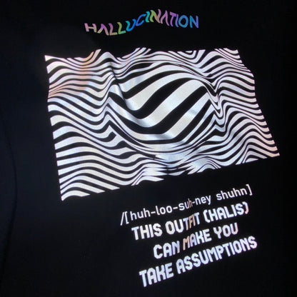 Unisex Siyah Oversized Sweatshirt – 'HALLUCINATION' reflective flash sale