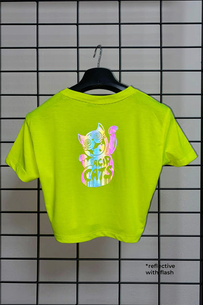 Reflektör baskılı Neon Sarı crop tişört - acid cats reflective print Neon Yellow crop top