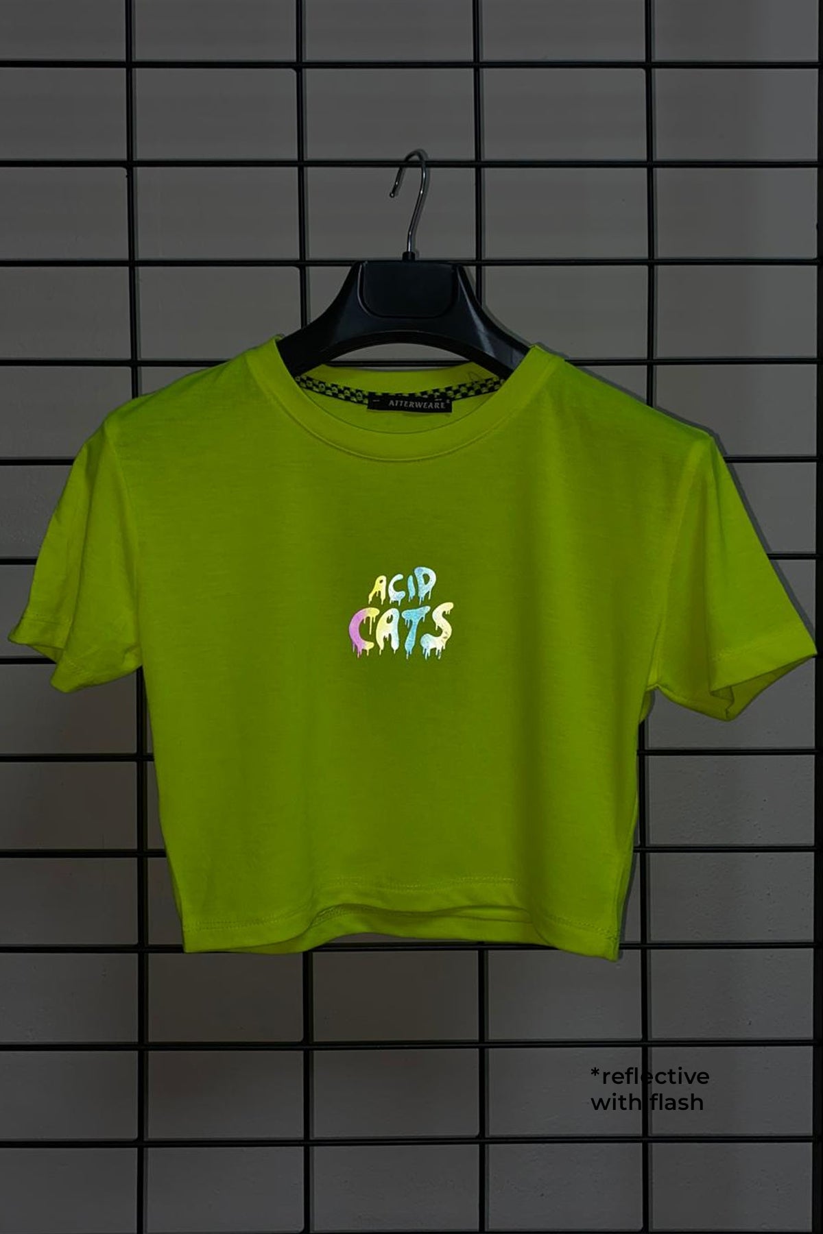 Neon Sarı Crop Tişört - Acid Cats | Reflective Neon Yellow Crop T-shirt.