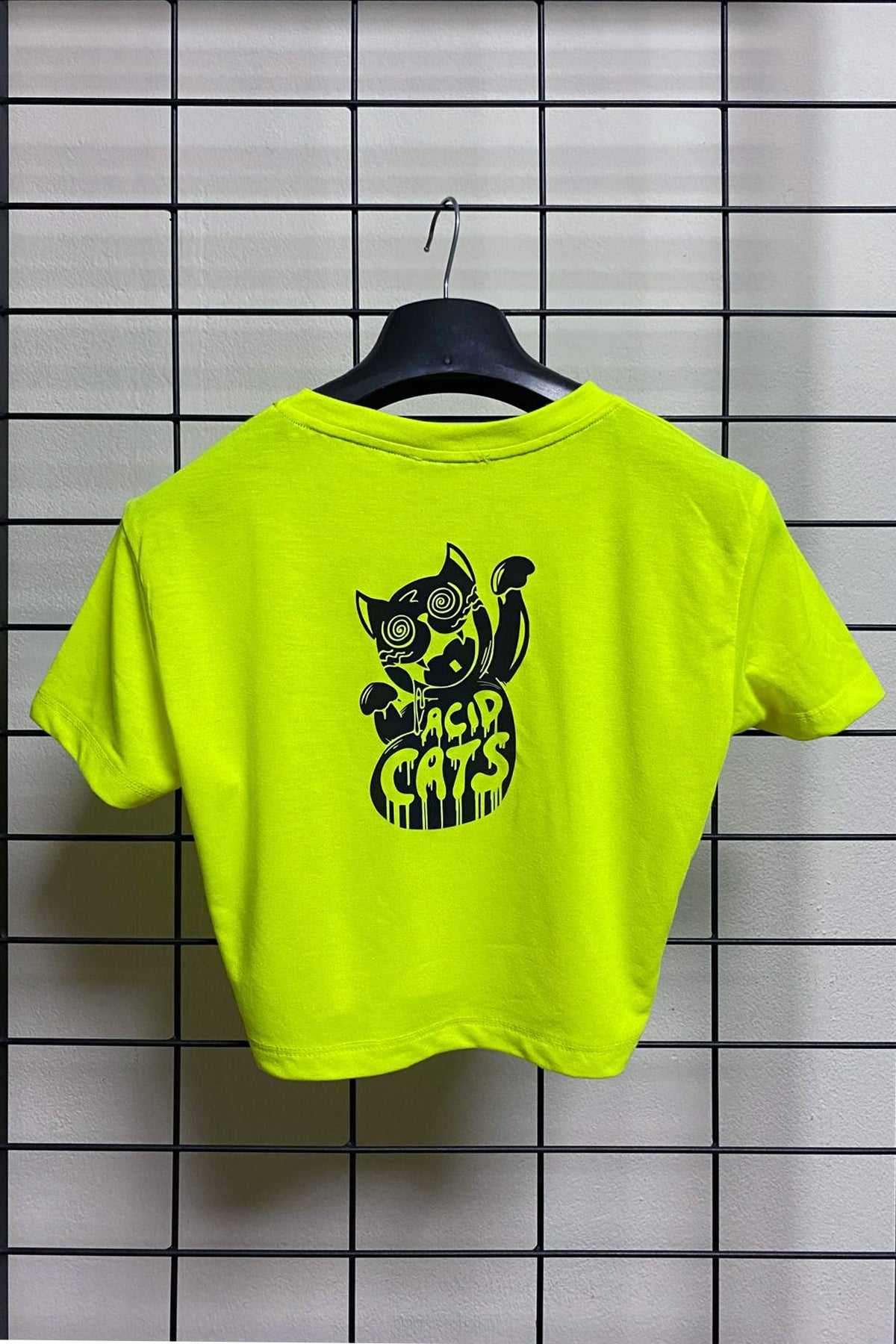 Neon Sarı Crop Tişört - Acid Cats | Reflective Neon Yellow Crop T-shirt.