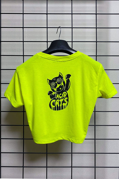 Neon Sarı Crop Tişört - Acid Cats | Reflective Neon Yellow Crop T-shirt.