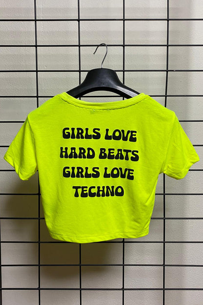 Neon Sarı Crop Tişört - Girls Love Techno | Reflective Neon Yellow Crop T-shirt.