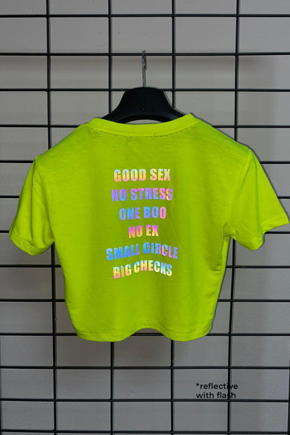 Neon Sarı Crop Tişört - Good Sex No Stress | Reflective Neon Yellow Crop T-shirt