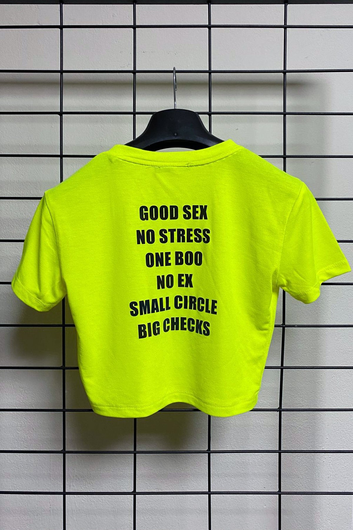 Neon Sarı Crop Tişört - Good Sex No Stress | Reflective Neon Yellow Crop T-shirt.