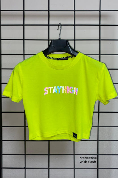  Reflektör baskılı Neon Sarı crop tişört - stayhigh reflective print Neon Yellow crop top