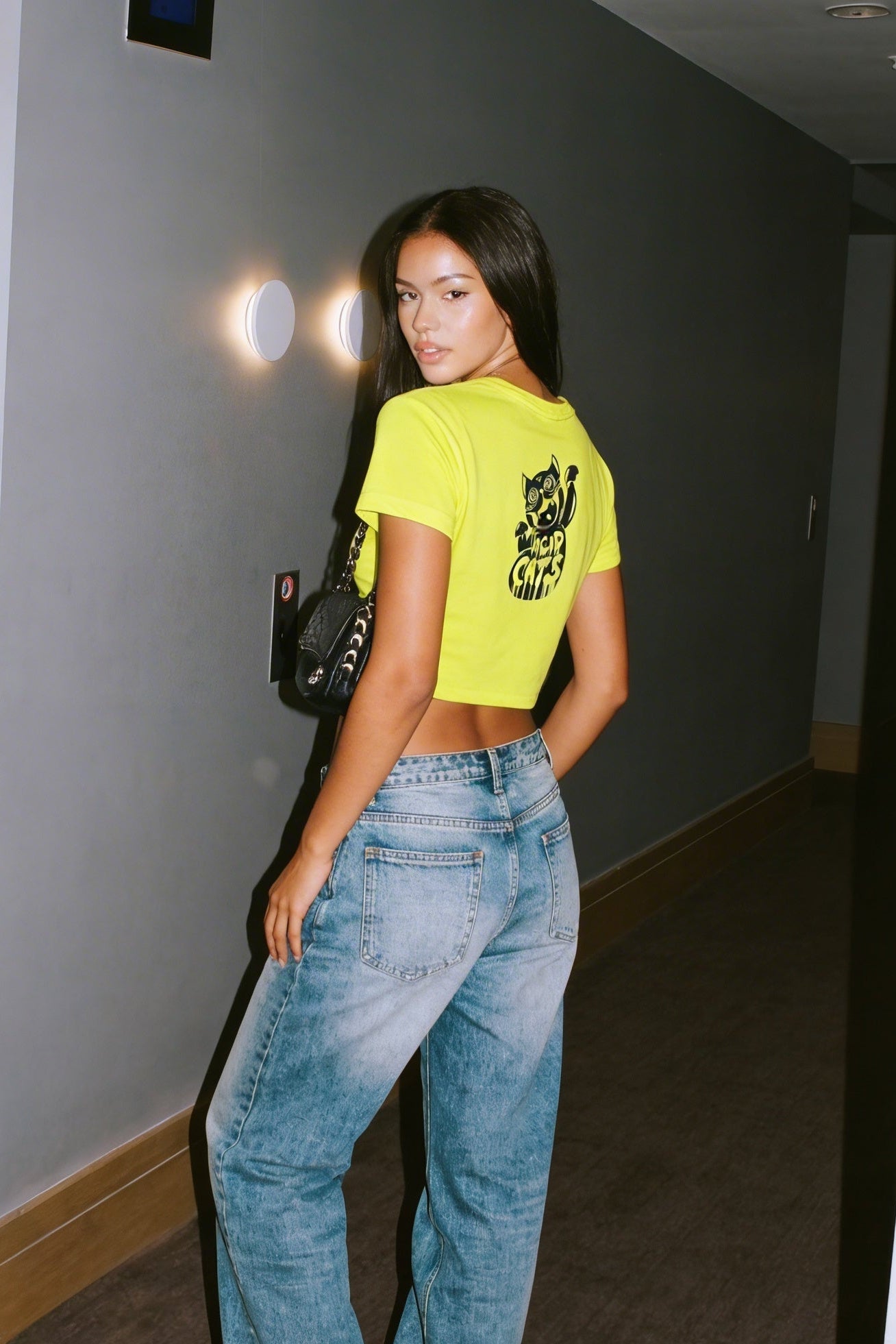 Neon Sarı Crop Tişört - Acid Cats | Reflective Neon Yellow Crop T-shirt