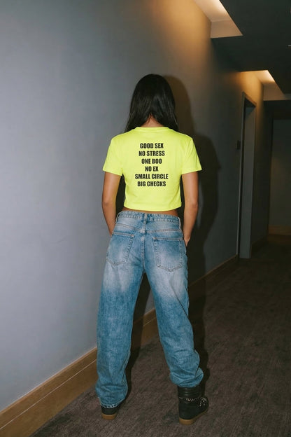 Neon Sarı Crop Tişört - Good Sex No Stress | Reflective Neon Yellow Crop T-shirt