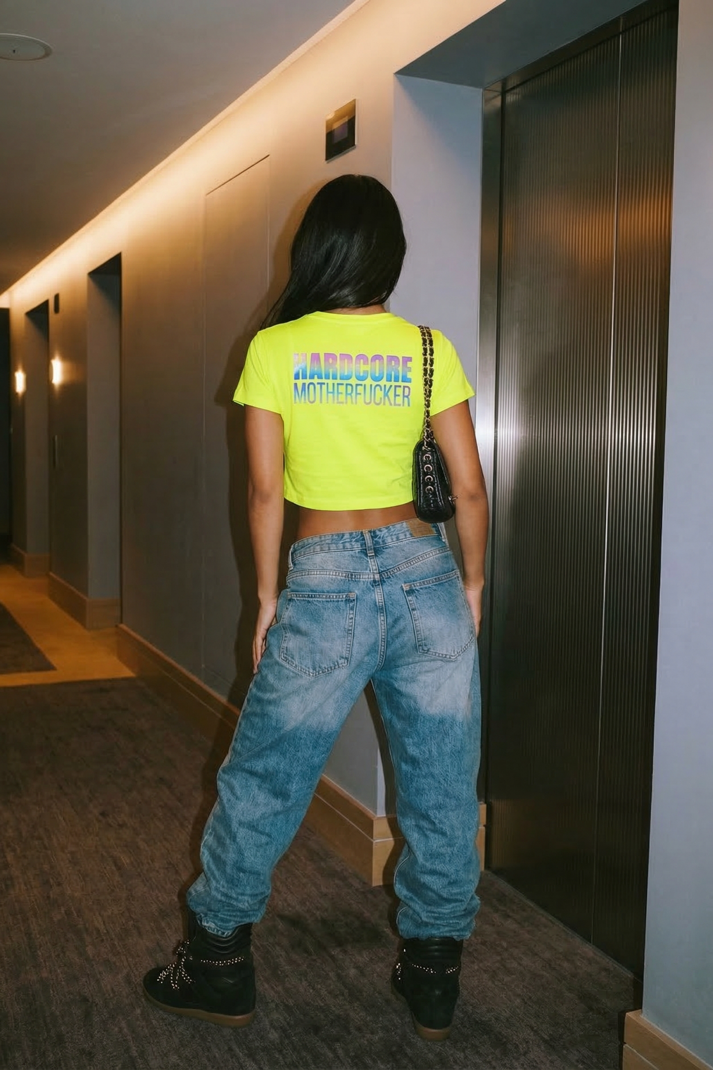 Neon Sarı Crop Tişört - HARDCORE MOTHERFUCKER | Reflective Yellow Crop T-shirt