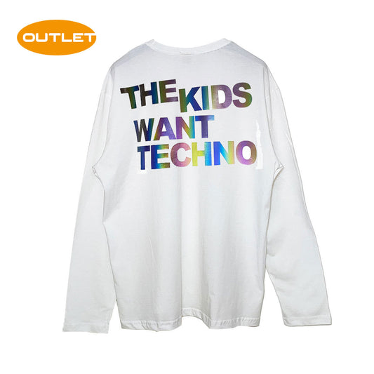 OUTLET - Relaxed Fit Beyaz Uzun Kollu Tişört 'THE KIDS WANT TECHNO' RAINBOW REFLECTIVE