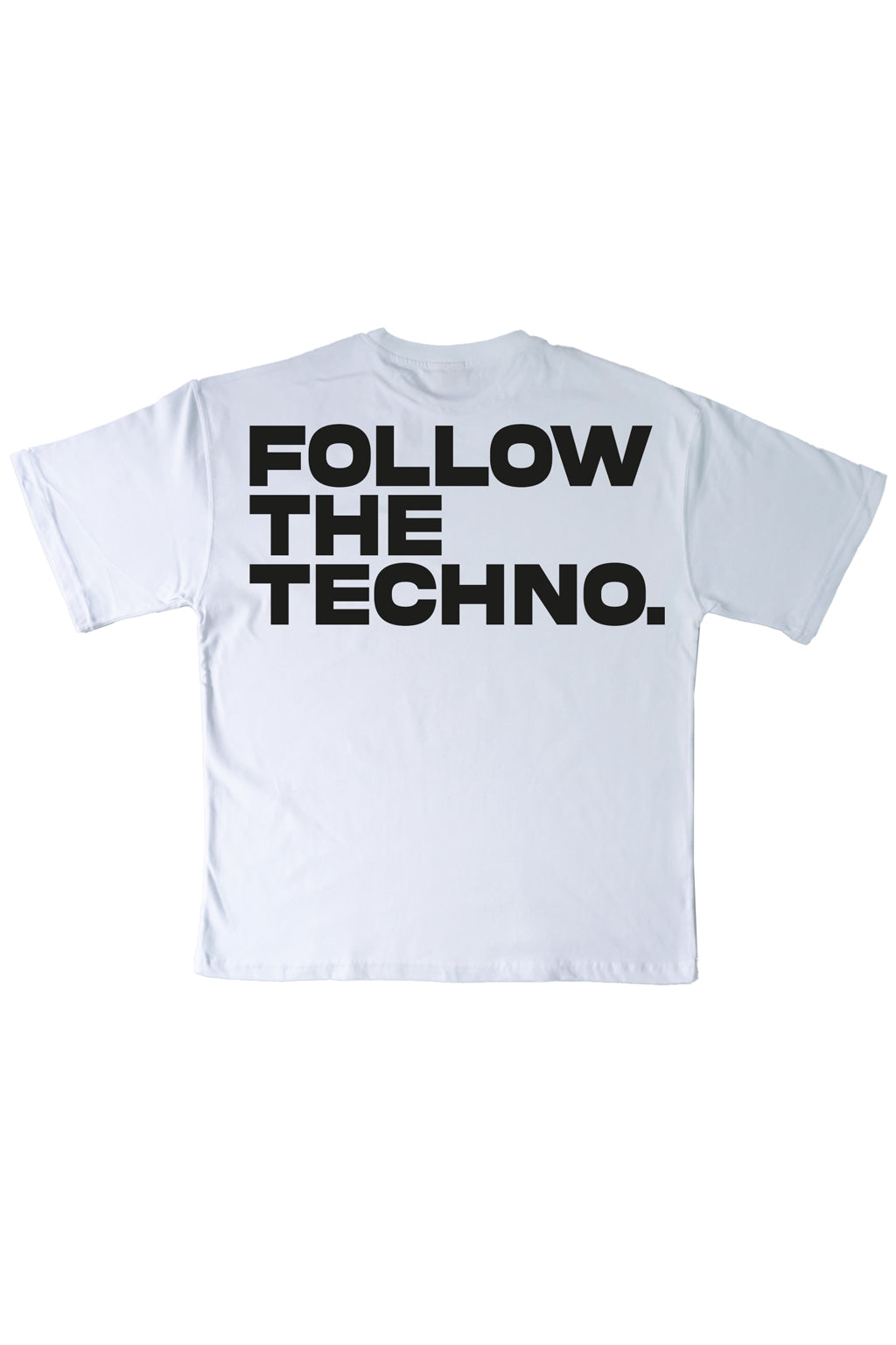 "‘Follow The Techno’ baskılı beyaz oversize tişört, techno müzik tutkunları için ideal. Rahat kesimi ve dikkat çekici tasarımıyla sokak modası ve gece hayatı için mükemmel bir seçim.