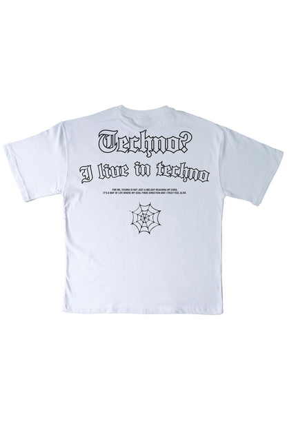 Oversize Beyaz Tişört 'Techno? I Live In Techno.'