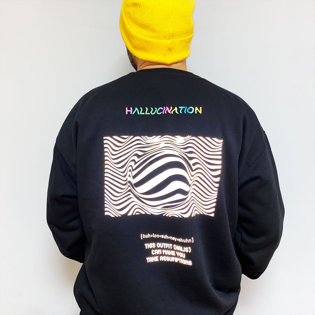 Unisex Siyah Oversized Sweatshirt – 'HALLUCINATION' reflective flash sale