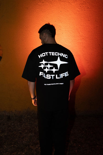 Oversize Black T-shirt 'Hot Techno fast Life' Oversize Siyah Tişört.