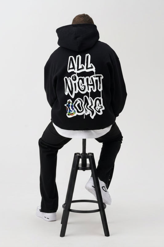 SCHWARZER OVERSIZE-HOODIE „ALL NIGHT BONG“ REFLEKTIEREND