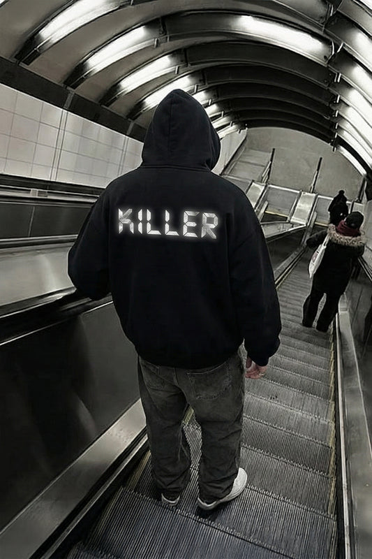 SCHWARZER OVERSIZE HOODIE 'BPM KILLER' REFLEKTIEREND