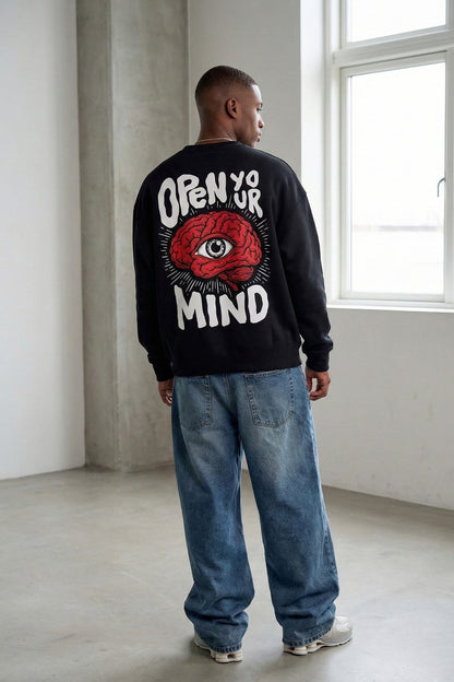 Unisex Siyah Oversize Sweatshirt 'open your mind'