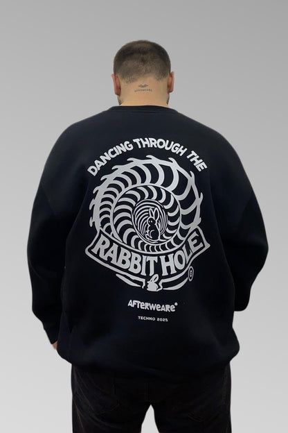 Unisex Siyah Oversize Sweatshirt – 'Dancing Through the Rabbit Hole'