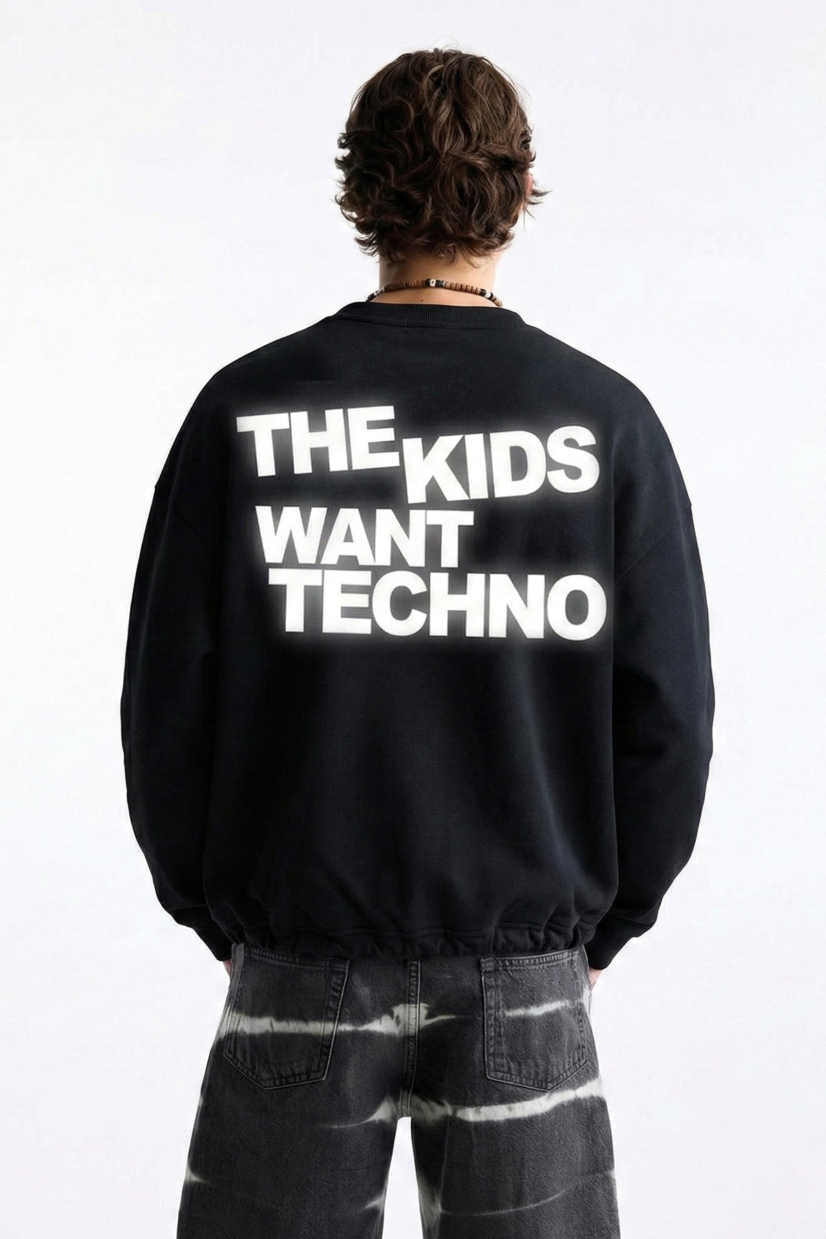 Unisex Siyah Oversize Sweatshirt 'THE KIDS WANT TECHNO'