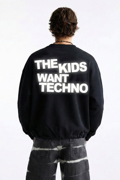 Unisex Siyah Oversize Sweatshirt 'THE KIDS WANT TECHNO'