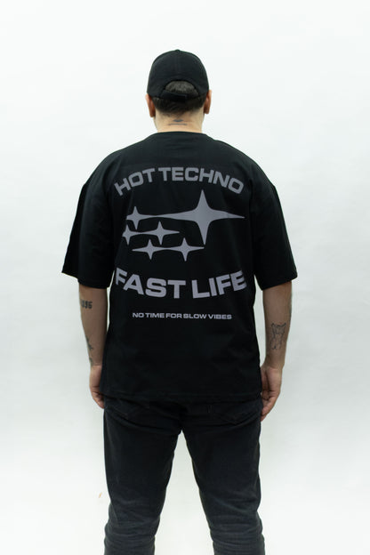 Oversize Black T-shirt 'Hot Techno fast Life' Oversize Siyah Tişört