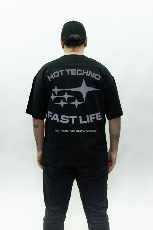 Oversize Black T-shirt 'Hot Techno fast Life' Oversize Siyah Tişört