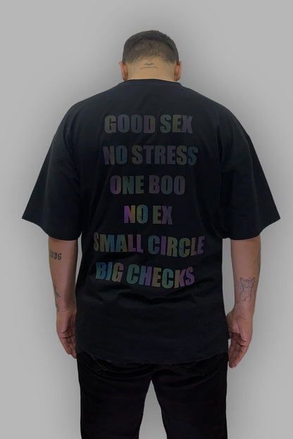 siyah oversize tişört good sex no stress baskılı techno rave streetwear modası için harika