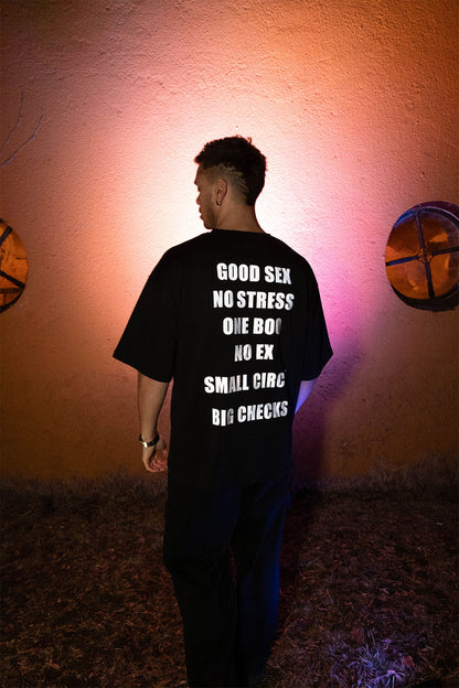 OVERSIZE BLACK T-SHIRT 'GOOD SEX NO STRESS' REFLECTIVE.