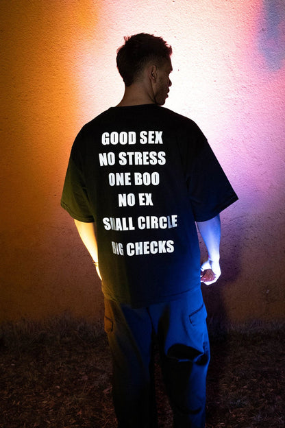 OVERSIZE BLACK T-SHIRT 'GOOD SEX NO STRESS' REFLECTIVE.