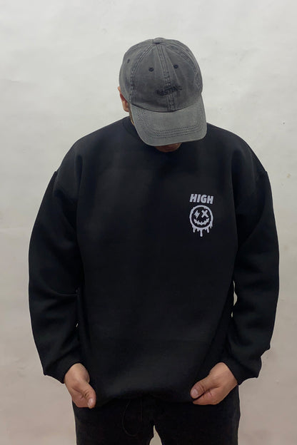 Unisex Black Oversize Sweatshirt – 'High' Drip Face Graphic