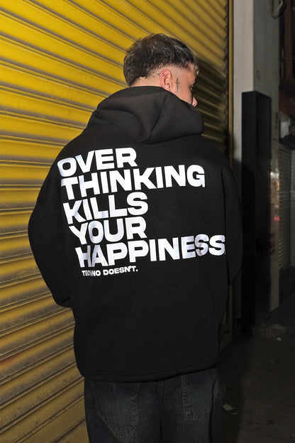 Siyah Kapüşonlu Sweatshirt 'OVERTHINKING' Black Oversize Hoodie