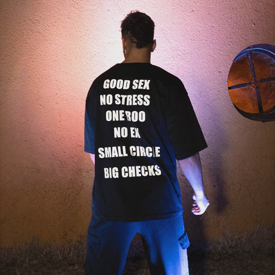 OVERSIZE BLACK T-SHIRT 'GOOD SEX NO STRESS' REFLECTIVE.