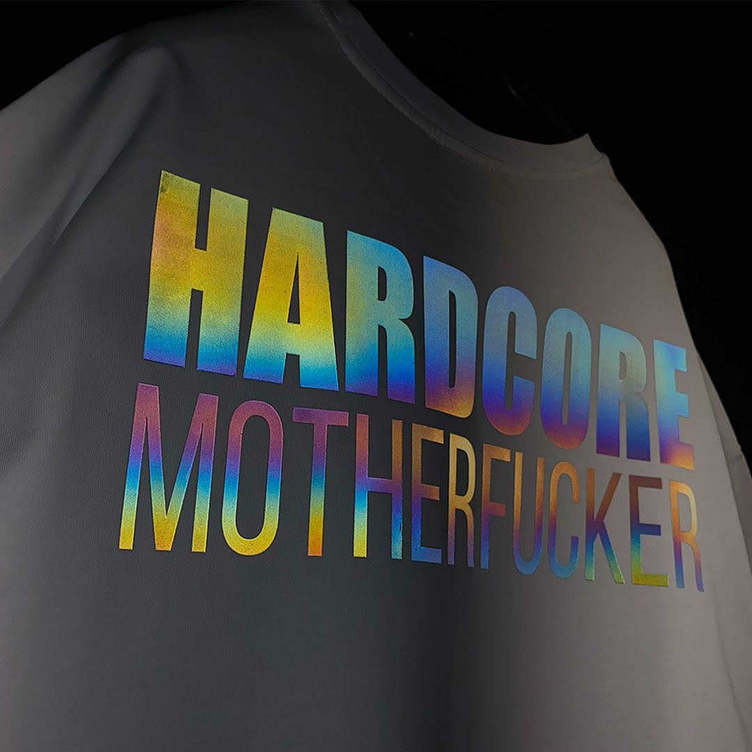 WHITE OVERSIZE T-SHIRT 'HARDCORE MOTHERFUCKER' RAINBOW REFLECTIVE