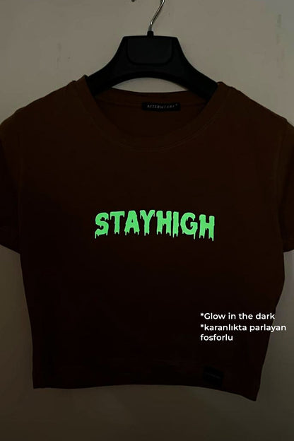 Fosforlu Baskılı Kahve Crop Tişört - Stayhigh | Brown Crop T-shirt