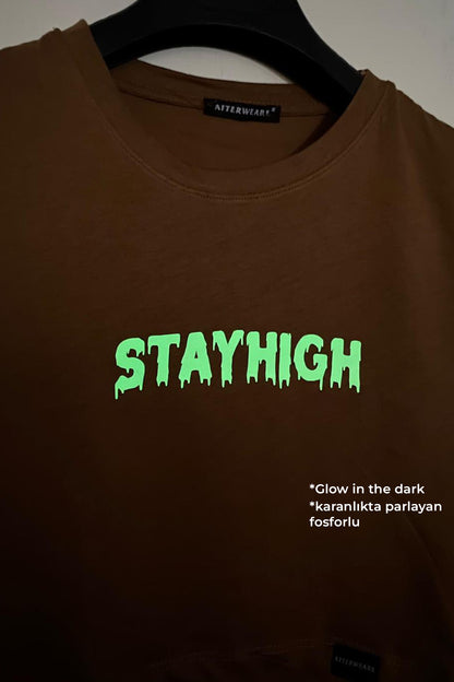 Fosforlu Baskılı Kahve Crop Tişört - Stayhigh | Brown Crop T-shirt